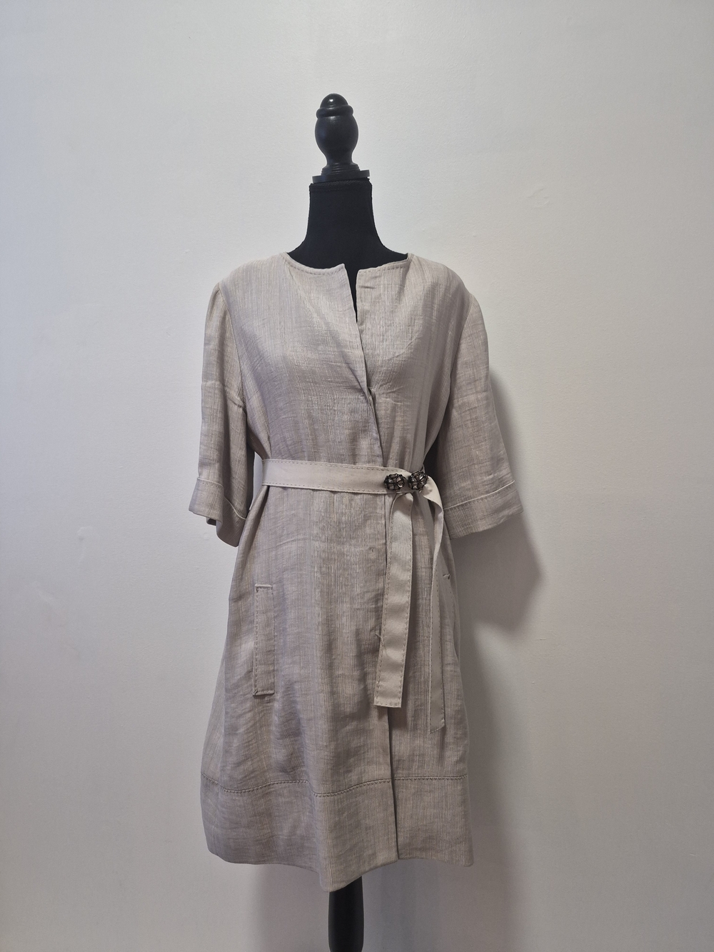 Elie Tahari Neutral Cream Linen-Blend Belted Dress Size Large